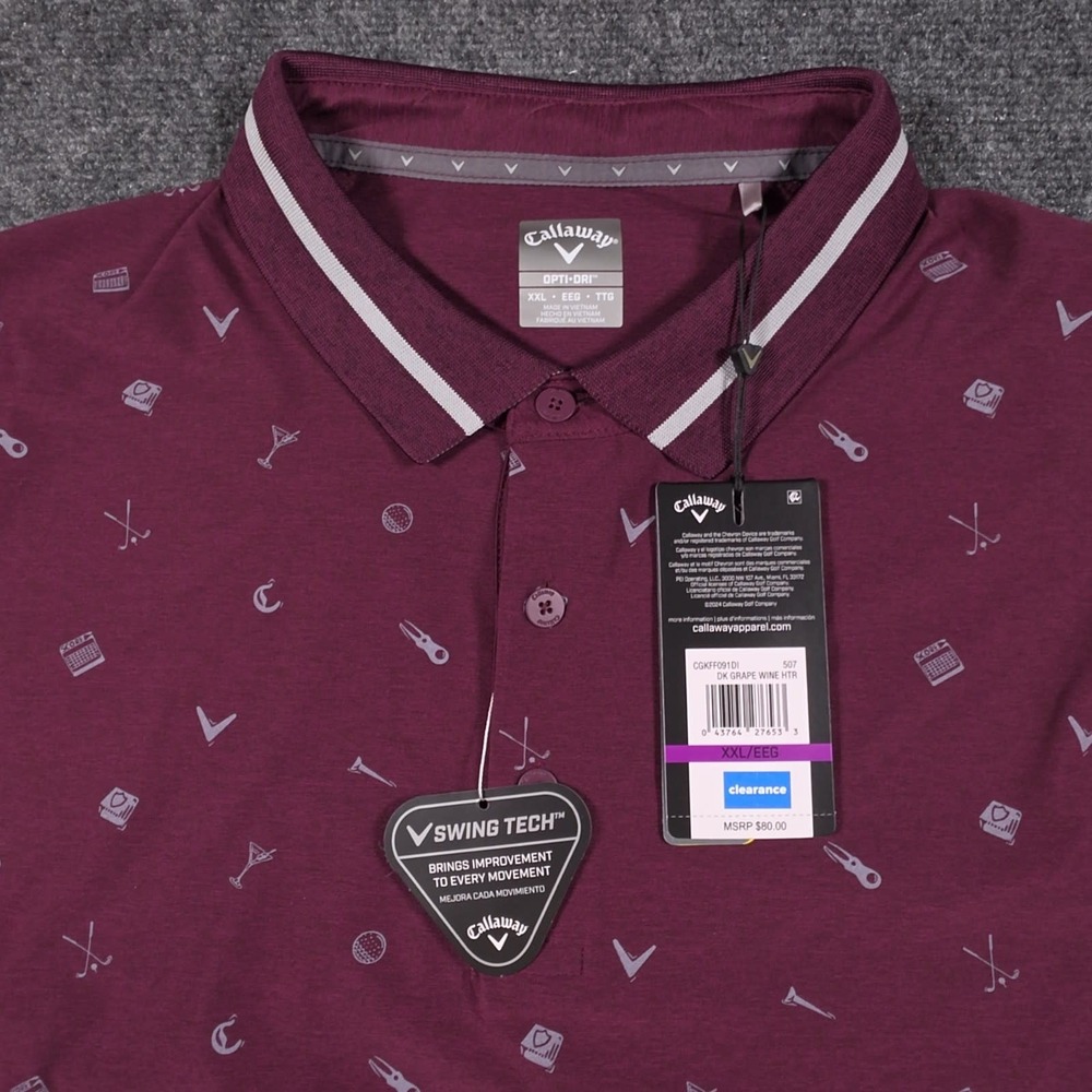 NWT Callaway Swing Tech Polo Shirt Mens 2XL Burgundy Golf AOP UPF 50 Stretch